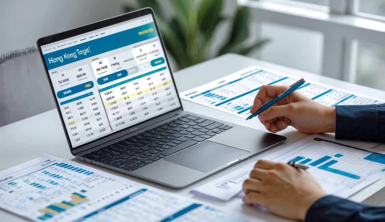 Seseorang sedang menganalisis data lotre online dengan laptop dan kertas berisi grafik dan angka di meja kerja.