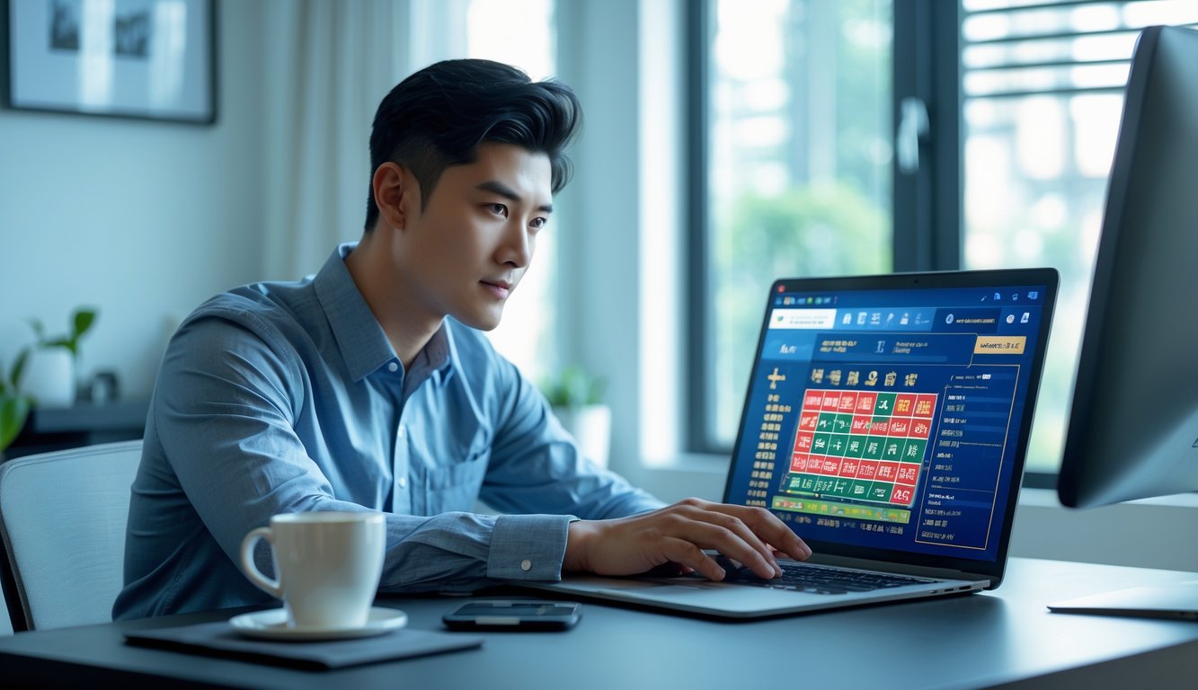 Seorang pria muda duduk di meja dengan laptop, fokus melihat layar komputer di ruang kerja modern yang terang.