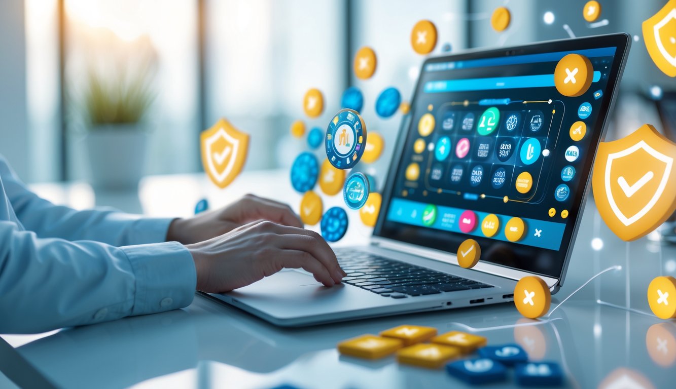 Seseorang menggunakan laptop di meja kerja dengan layar menampilkan antarmuka digital terkait permainan togel online.