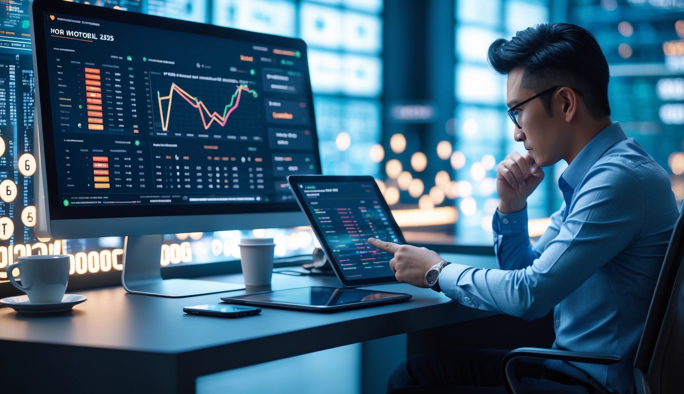 Seorang profesional sedang menganalisis data togel Hongkong secara online di meja kerja modern dengan komputer dan perangkat digital.