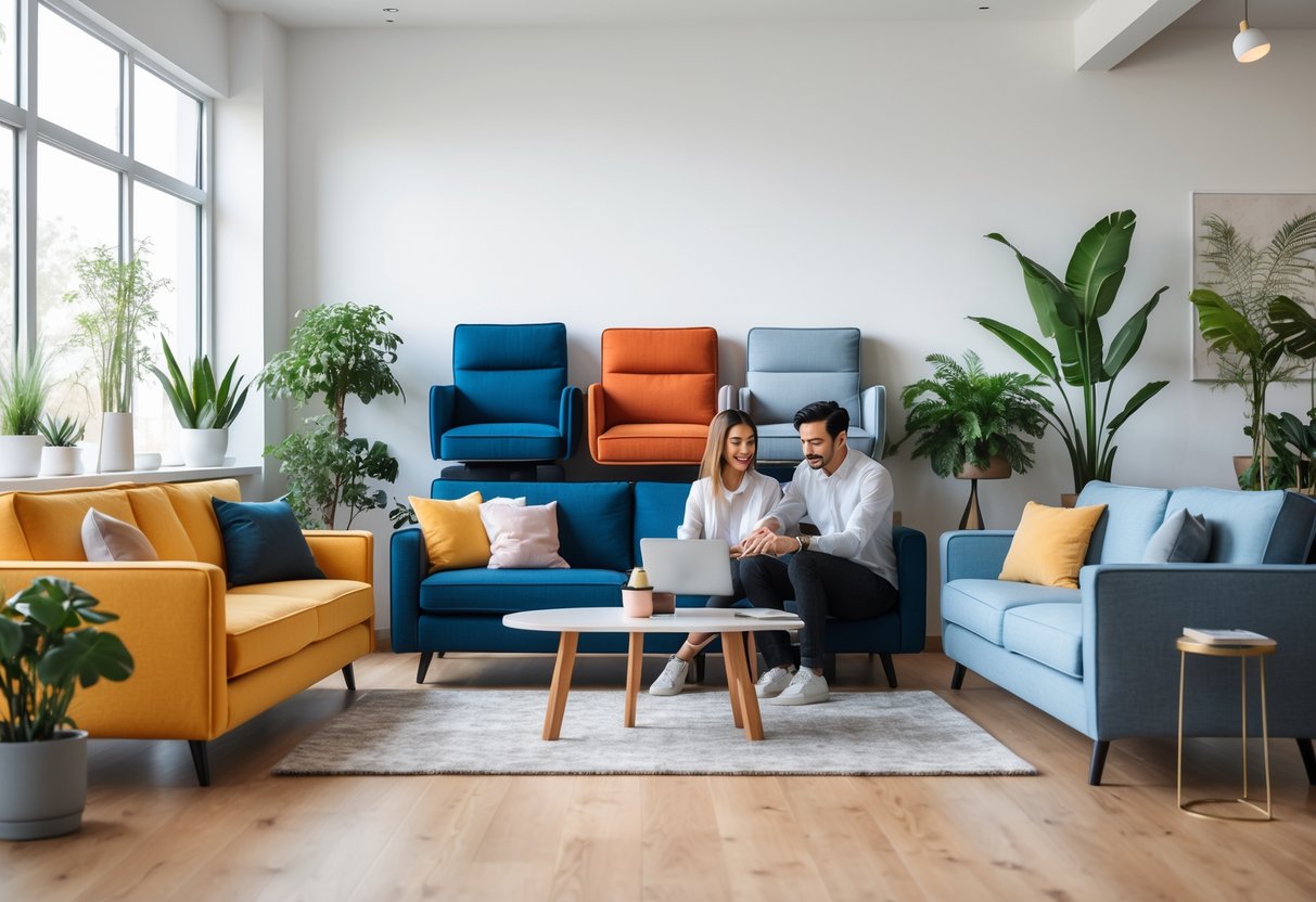 Un couple dans un salon moderne choisissant un canapé personnalisable sur une tablette numérique, entouré de plusieurs canapés de différentes couleurs et styles.