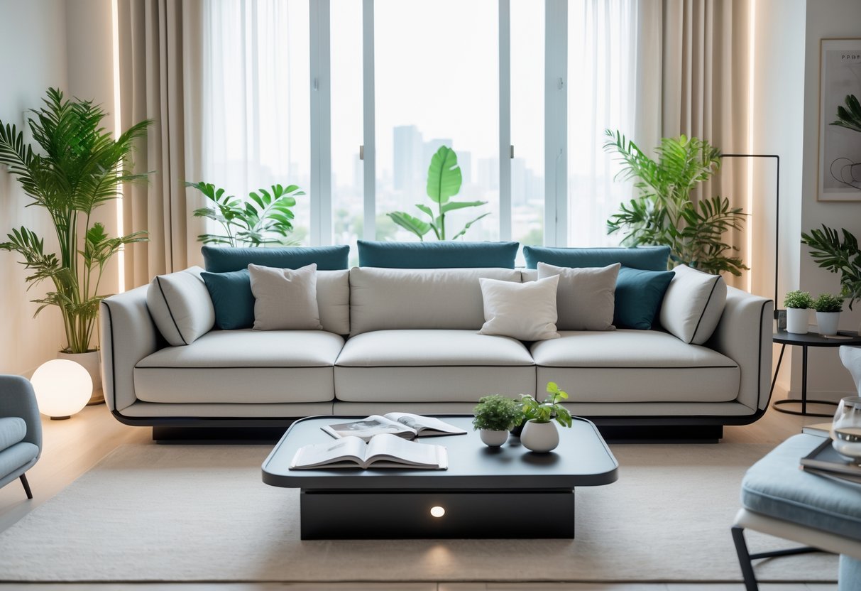 Un salon moderne avec un canapé personnalisable au centre, entouré de décorations élégantes et de lumière naturelle.