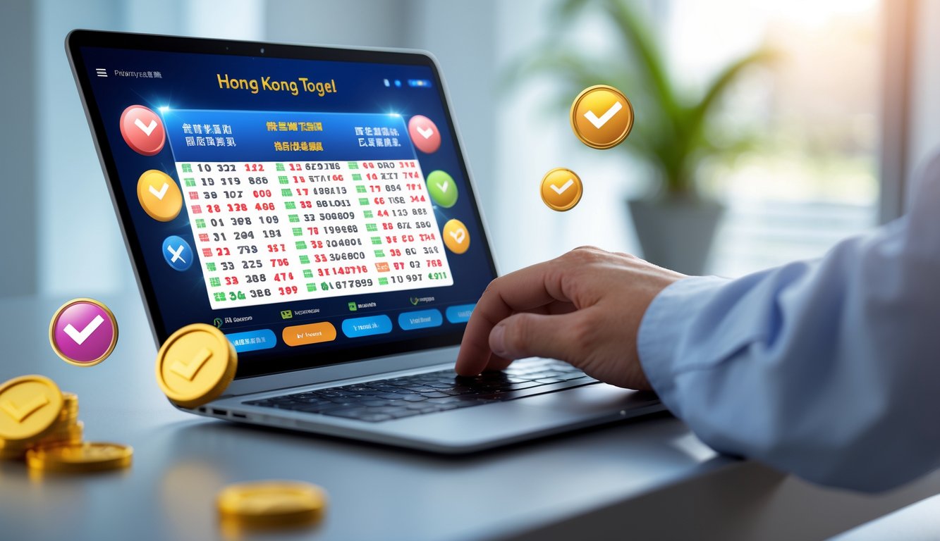 Seseorang menggunakan laptop atau ponsel dengan tampilan antarmuka togel online yang cerah di meja kerja yang rapi.