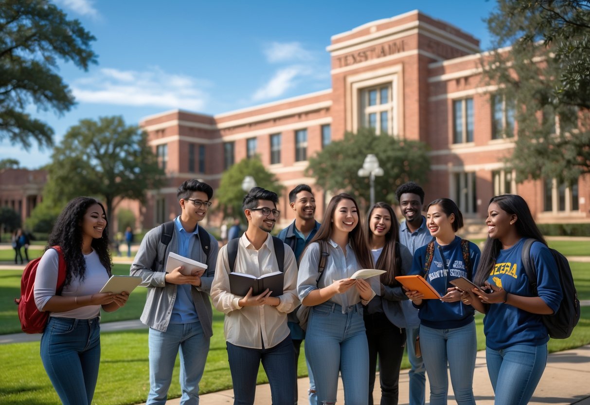 45 Fully Funded Scholarships | Texas A&M University 2026 2 A diverse group of college students studying and talking together outdoors on a university campus with brick buildings and green lawns.