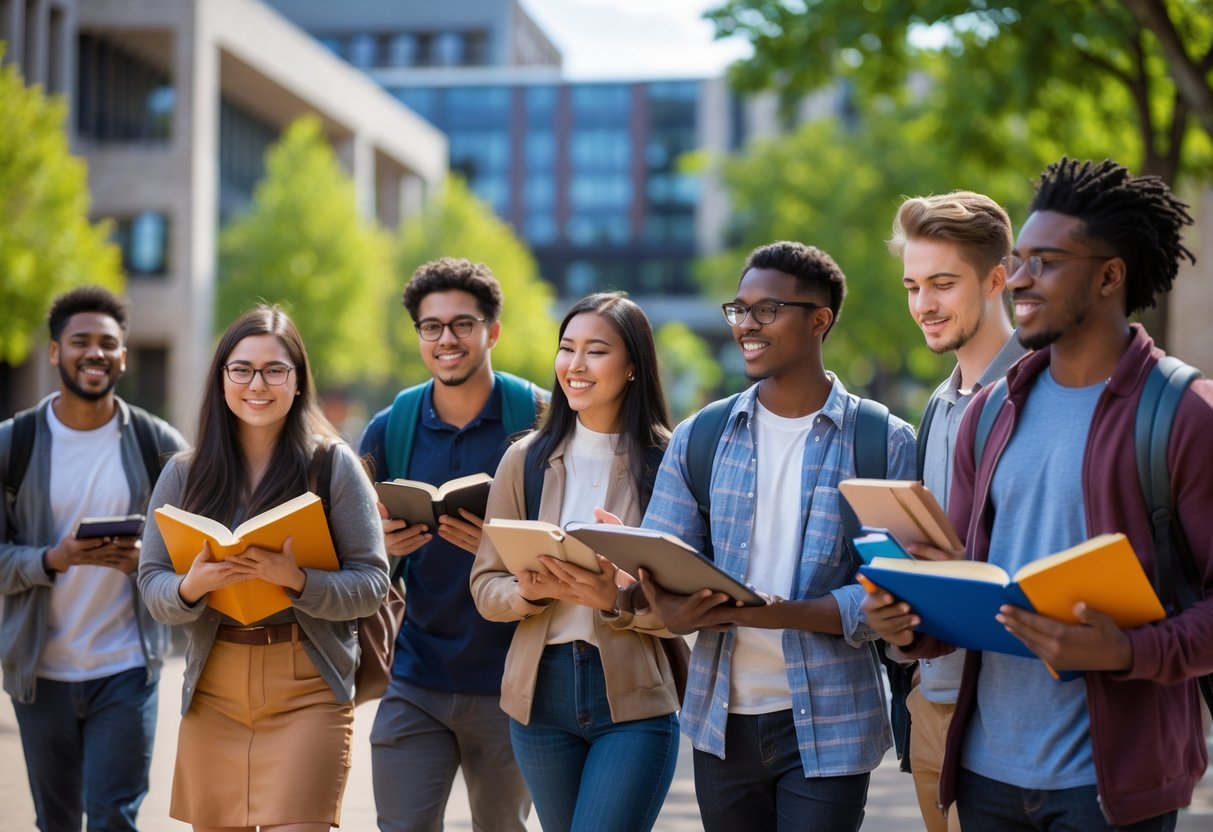 A group of diverse university students studying and interacting outdoors on a sunny campus with modern buildings and trees in the background.