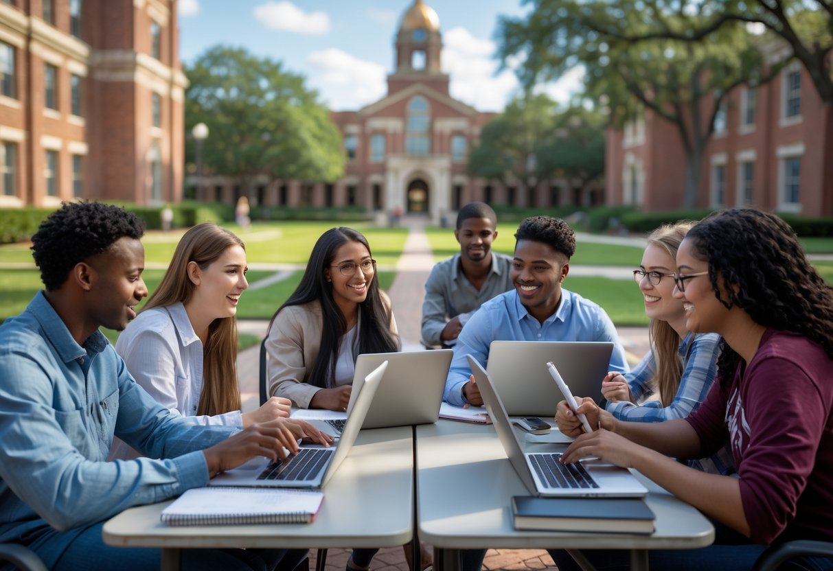 45 Fully Funded Scholarships | Texas A&M University 2026 4 A diverse group of college students studying together outdoors on a university campus with brick buildings and green lawns in the background.