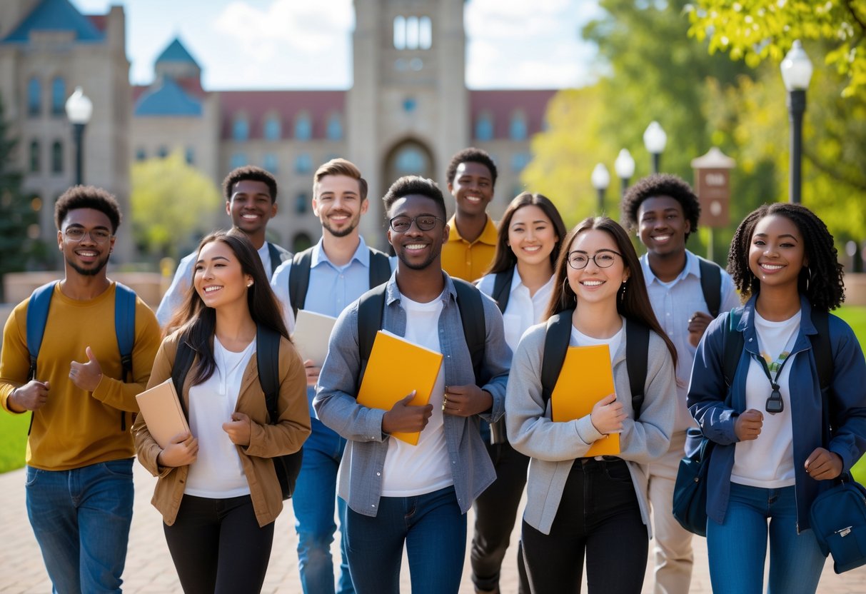 A group of diverse university students smiling and celebrating outdoors on a sunny campus with buildings and trees in the background.