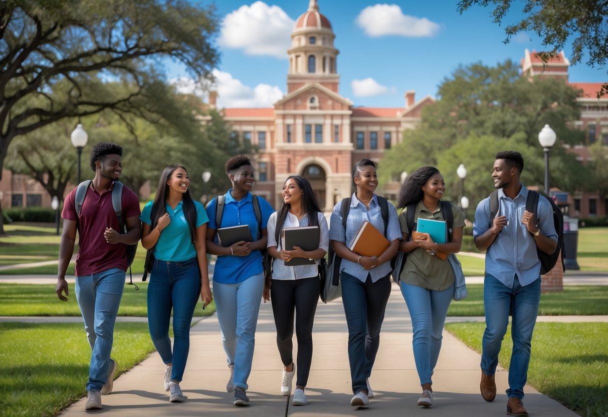 45 Fully Funded Scholarships | Texas A&M University 2026 5 A group of diverse college students walking and talking together on a university campus with buildings and trees in the background.