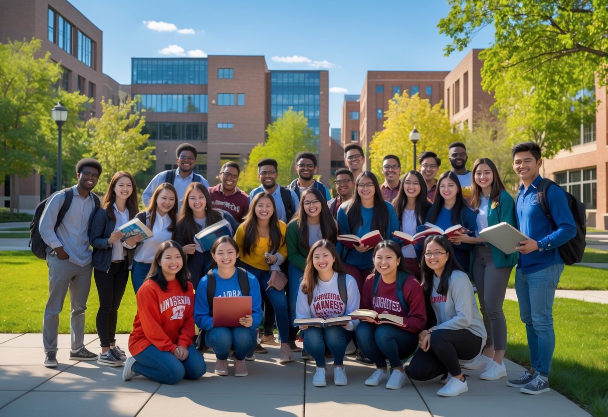 A group of diverse university students studying and smiling together outdoors on a sunny day at a university campus.