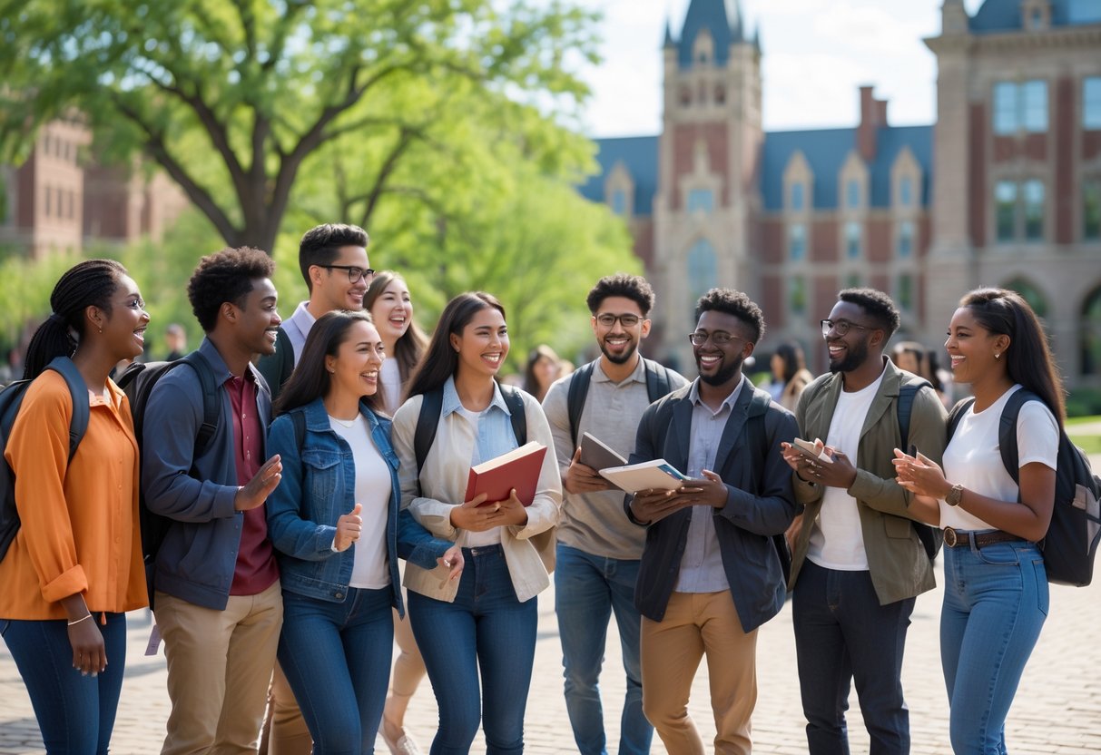 A diverse group of university students smiling and interacting outdoors on a sunny campus with buildings and trees in the background.
