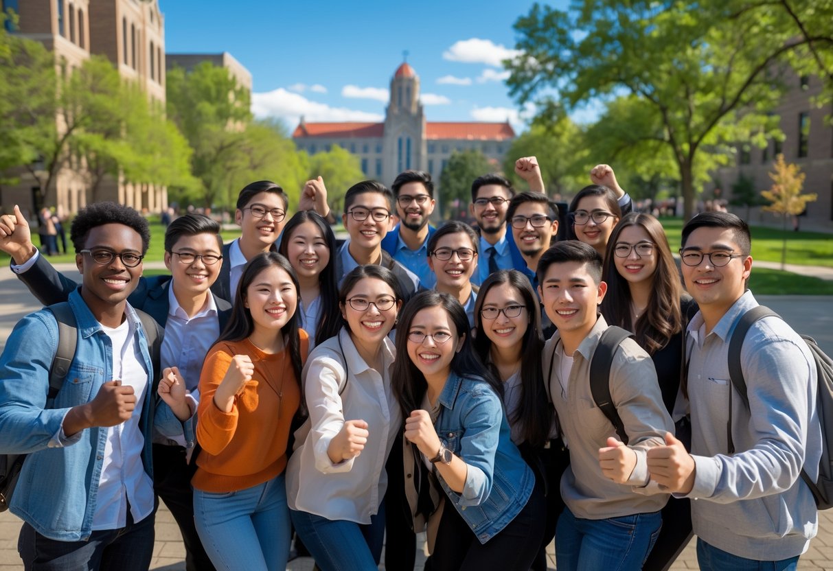 A diverse group of university students smiling and celebrating together outdoors on a campus with buildings and trees in the background.
