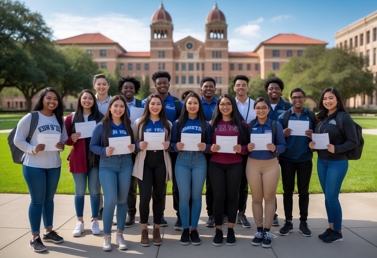 45 Fully Funded Scholarships | Texas A&M University 2026 7 A diverse group of high school students standing together on a university campus holding acceptance letters and backpacks.
