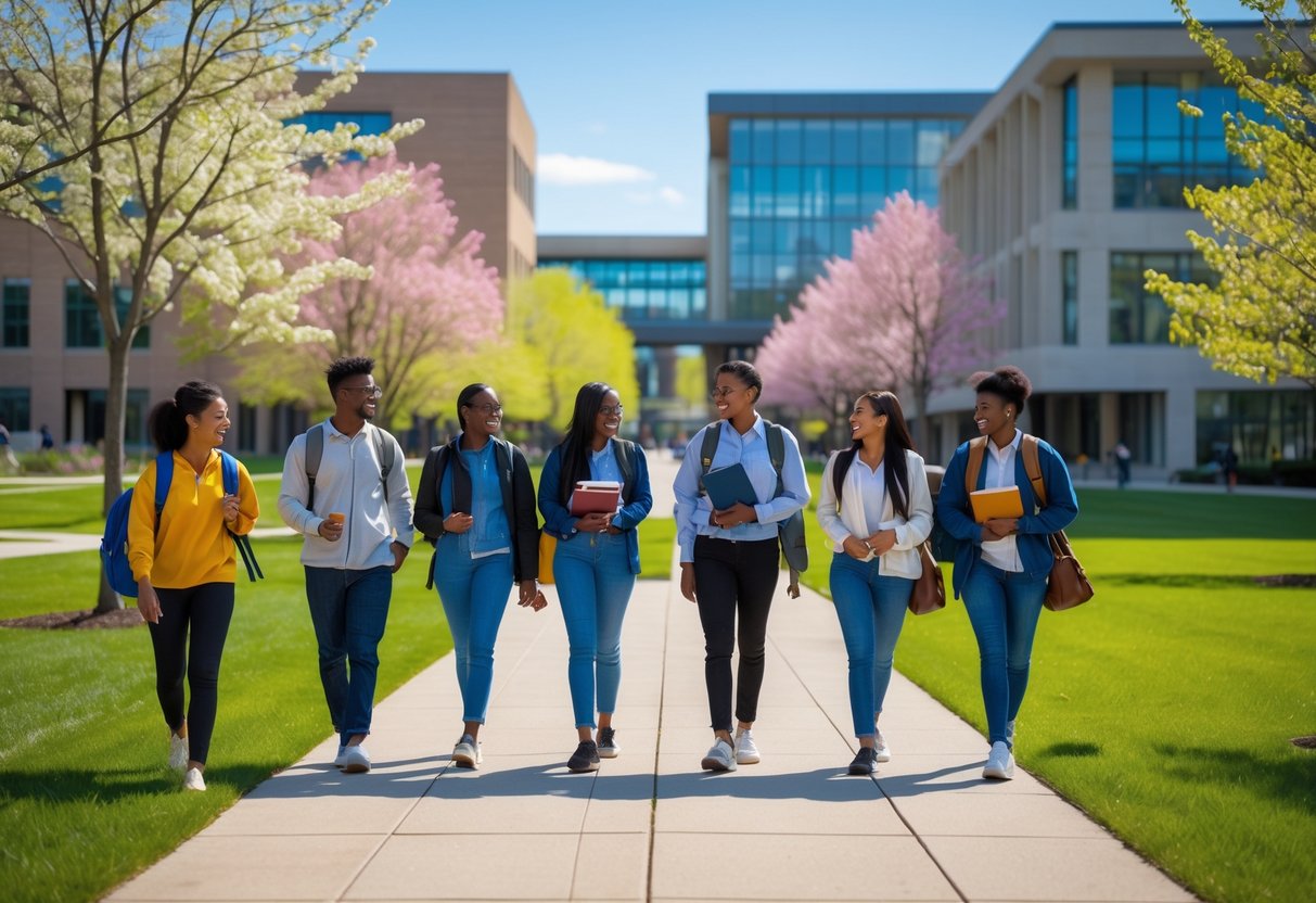 A group of diverse students walking and talking on a university campus with modern buildings and green trees in the background.