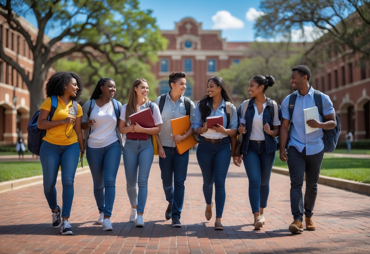 45 Fully Funded Scholarships | Texas A&M University 2026 8 A group of diverse college students walking and talking on a university campus with brick buildings and trees in the background.