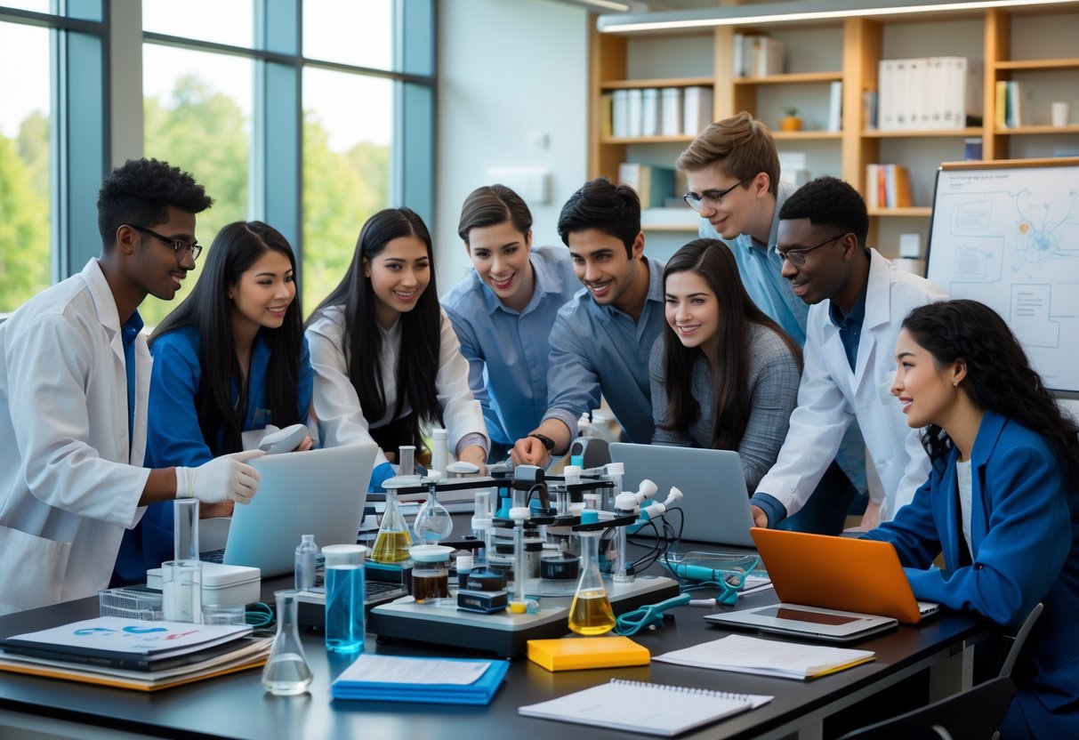 A diverse group of graduate students collaborating on research in a bright university laboratory.