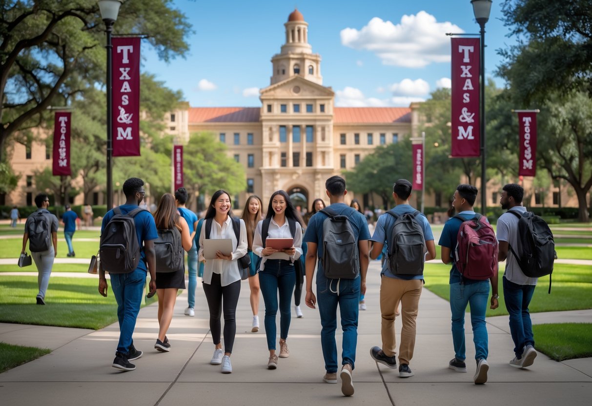 45 Fully Funded Scholarships | Texas A&M University 2026 9 A group of diverse college students walking and studying together outside on a university campus with academic buildings and greenery in the background.