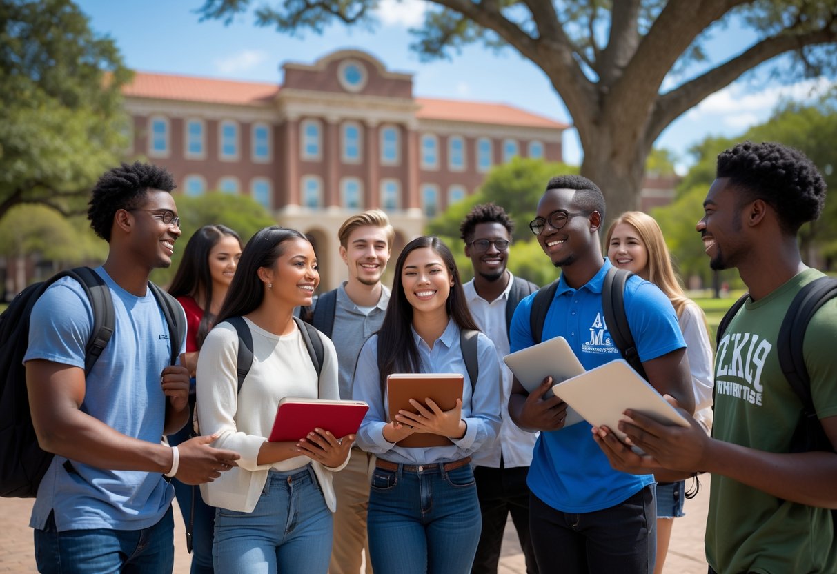 45 Fully Funded Scholarships | Texas A&M University 2026 10 A group of diverse college students studying together outside on the Texas A&M University campus on a sunny day.