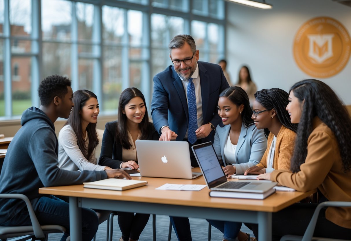 A group of diverse graduate students and a faculty member collaborating around a table in a university classroom.
