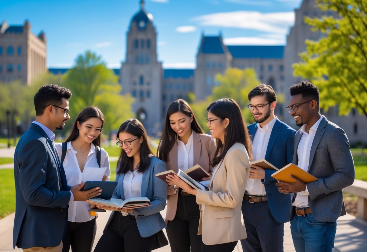 A group of diverse graduate students studying together outdoors on a university campus with buildings and trees in the background.