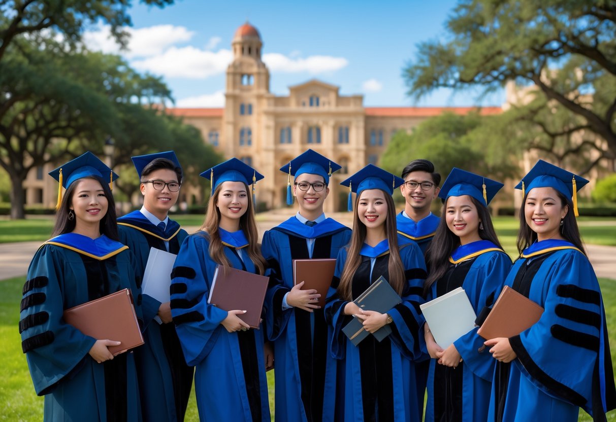 45 Fully Funded Scholarships | Texas A&M University 2026 12 A group of graduate students in caps and gowns celebrating on a university campus with buildings and trees in the background.
