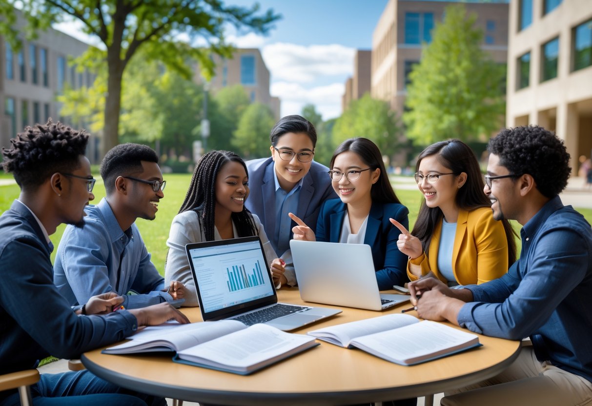 A diverse group of graduate students studying together outdoors on a university campus with modern buildings and trees in the background.