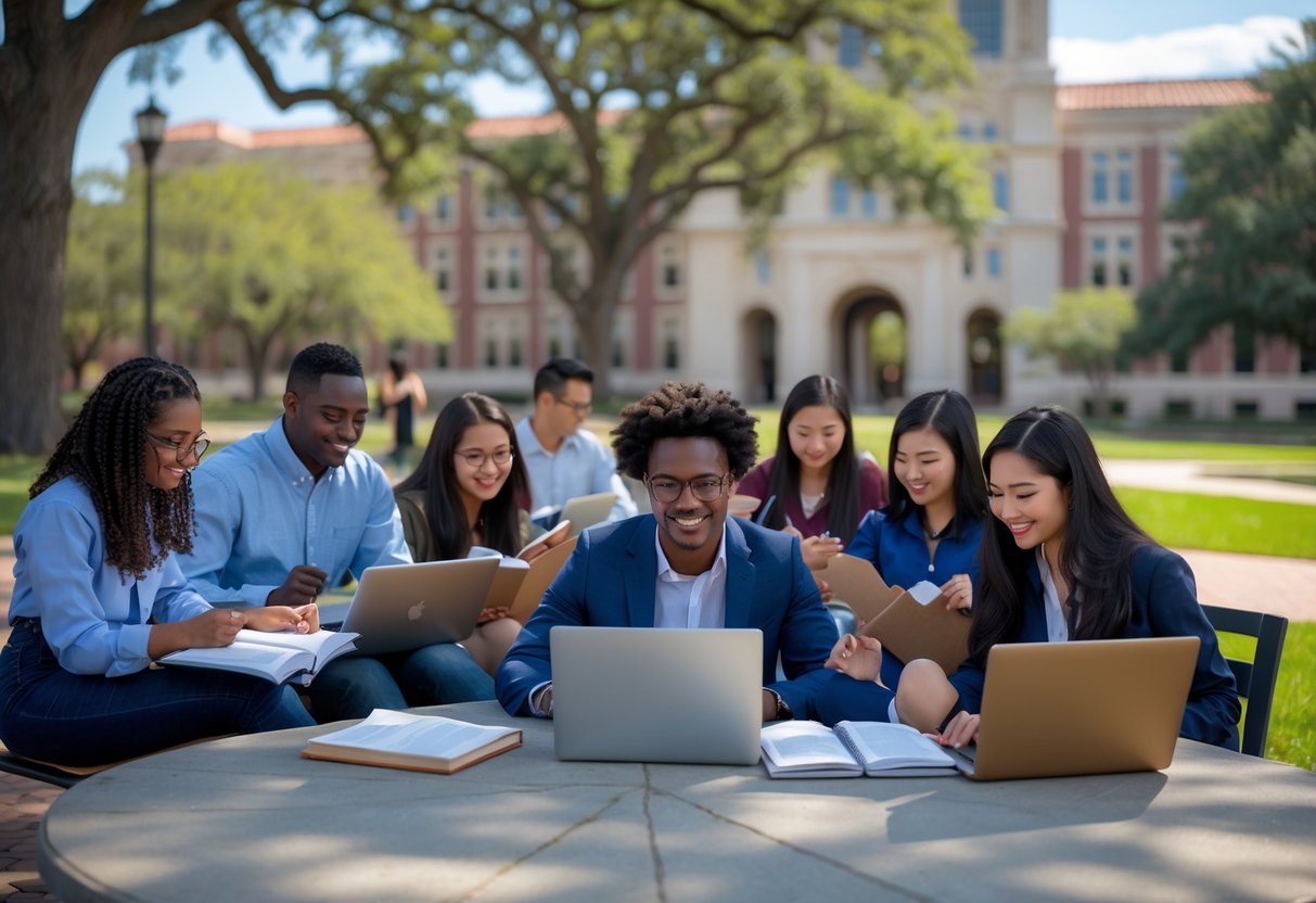 45 Fully Funded Scholarships | Texas A&M University 2026 13 A group of graduate students studying and collaborating outdoors on a university campus with academic buildings in the background.