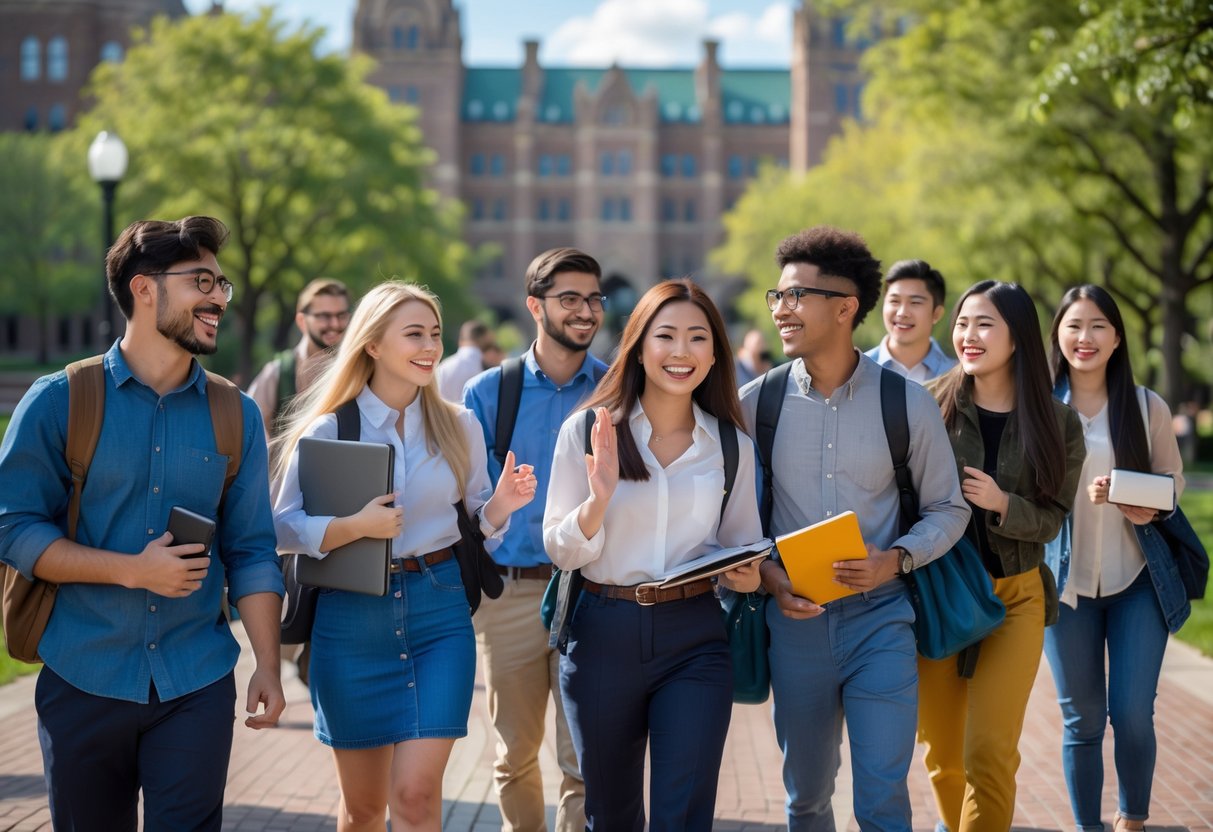 A group of diverse graduate students smiling and talking outdoors on a university campus with buildings and greenery in the background.