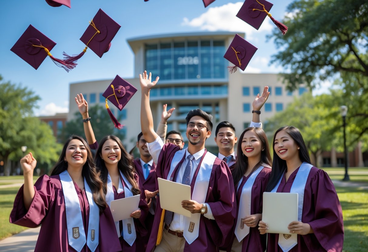 45 Fully Funded Scholarships | Texas A&M University 2026 14 A group of diverse college graduates in maroon and white gowns celebrating by tossing their caps outdoors on a sunny day at a university campus.