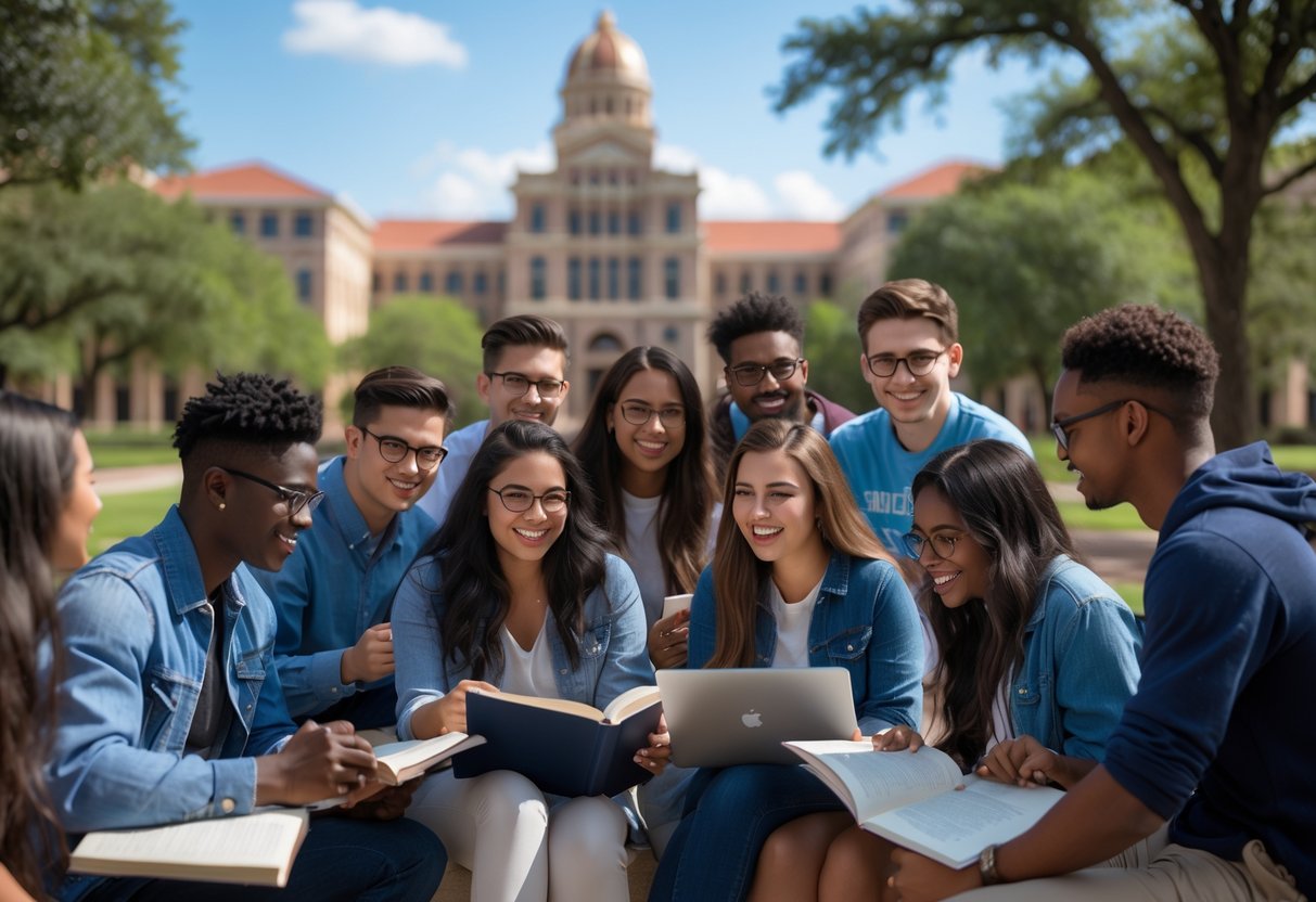 45 Fully Funded Scholarships | Texas A&M University 2026 15 A group of diverse college students studying together outdoors on a university campus with academic buildings and trees in the background.