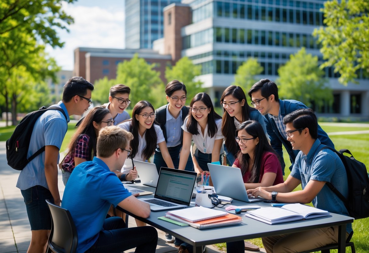 A group of university students working together outdoors on a sunny day with campus buildings and trees in the background.