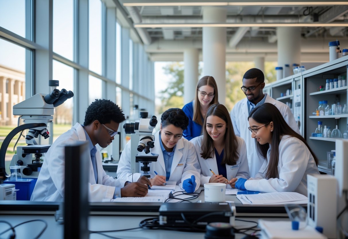 45 Fully Funded Scholarships | Texas A&M University 2026 16 A group of graduate students working together in a bright laboratory with scientific equipment and large windows showing a university campus outside.