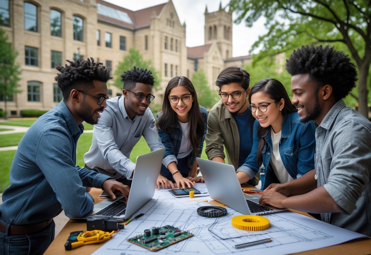 A group of diverse university students collaborating on an engineering project outdoors on a university campus.