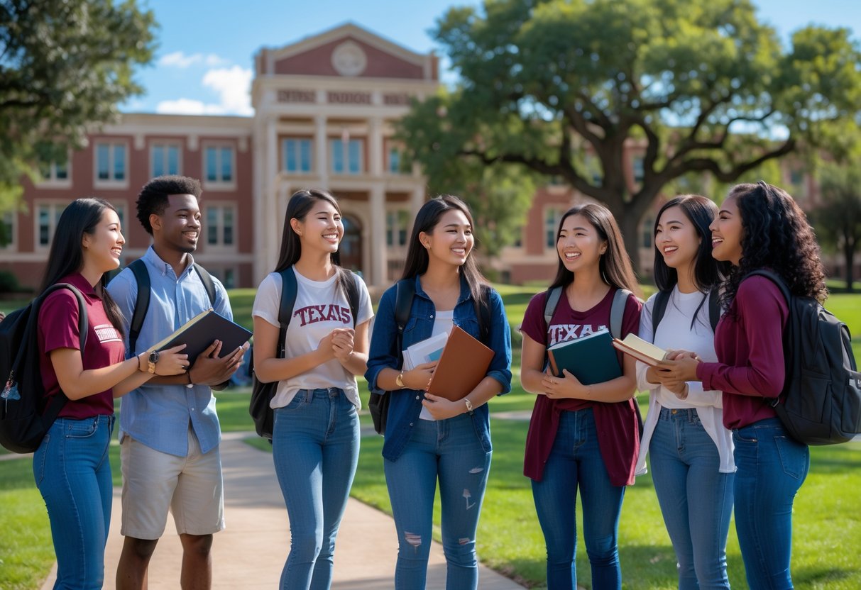 45 Fully Funded Scholarships | Texas A&M University 2026 17 A group of diverse college students smiling and talking outdoors on the Texas A&M University campus with university buildings and trees in the background.