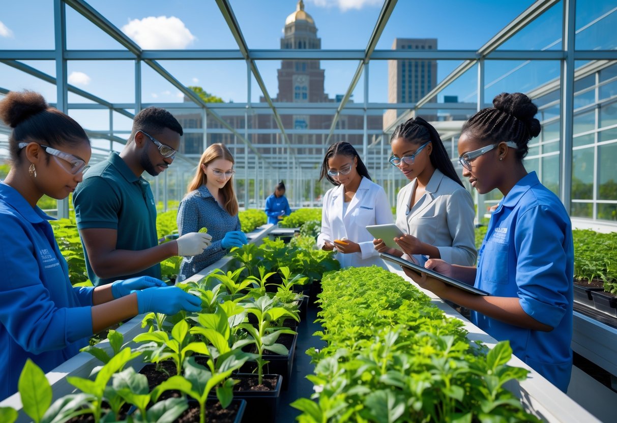 Students and researchers working with plants and scientific equipment inside a greenhouse at a university campus.