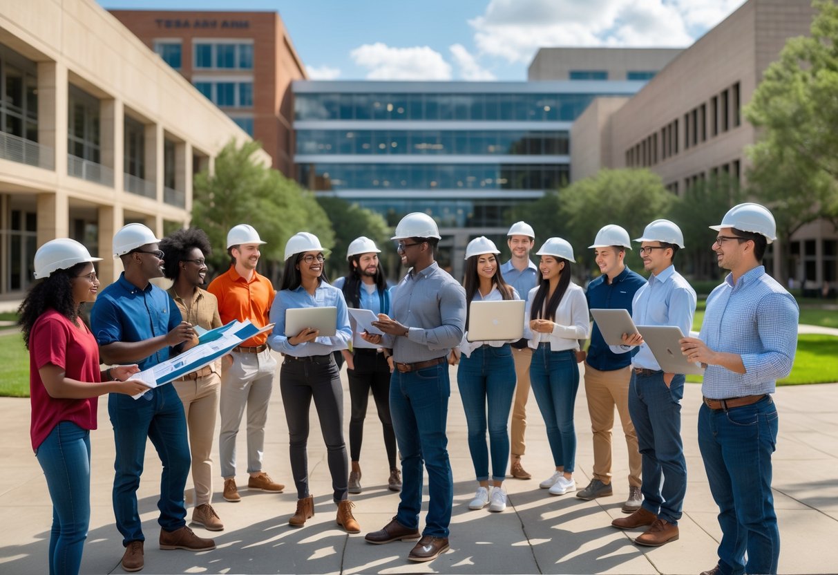 45 Fully Funded Scholarships | Texas A&M University 2026 18 A group of diverse university students collaborating outdoors on engineering projects with modern campus buildings in the background.