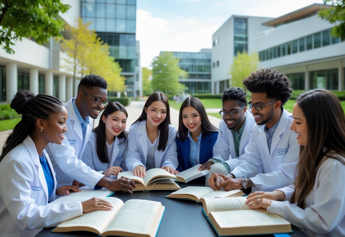 A diverse group of university students studying together with scientific materials on a campus outdoors.