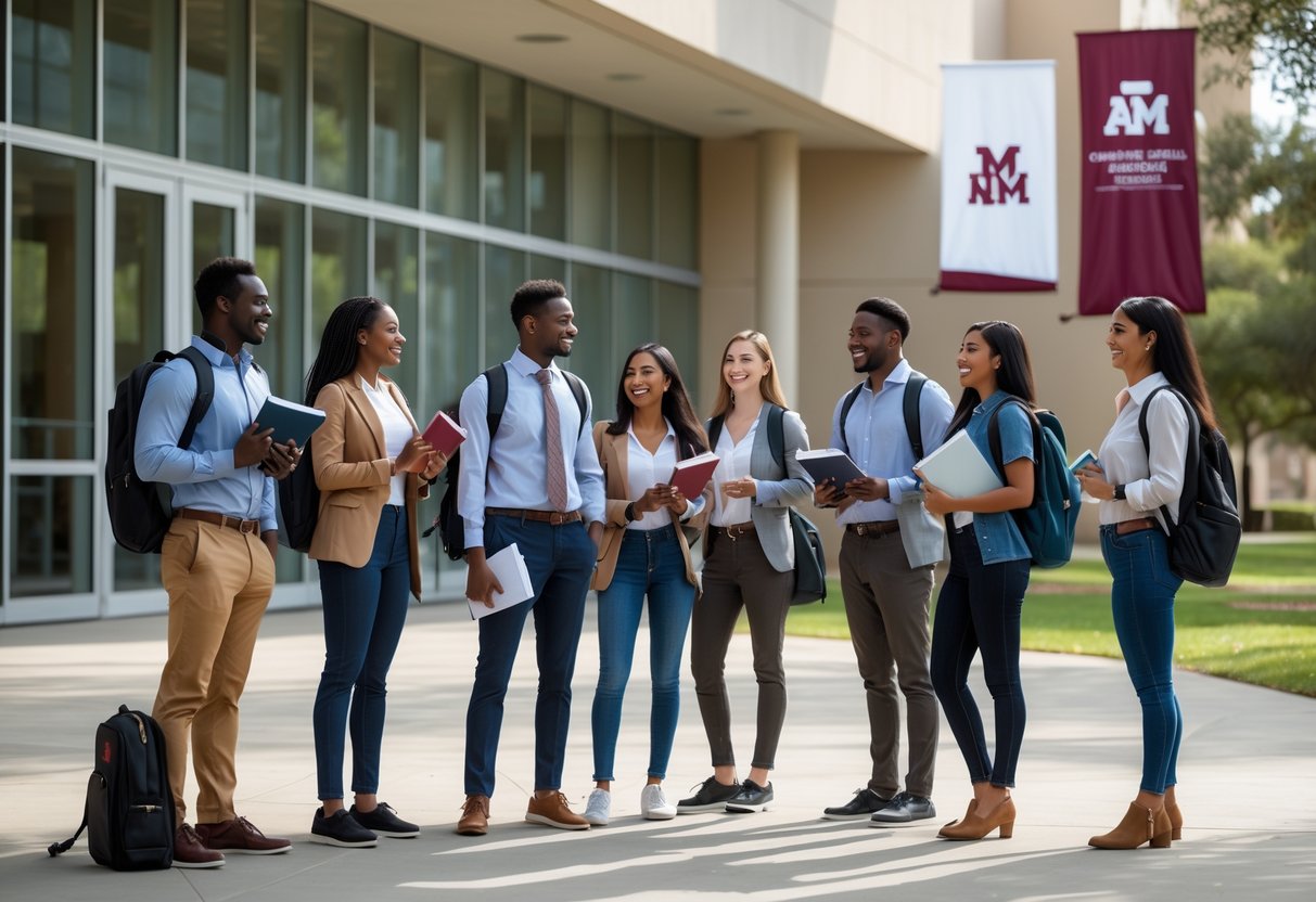 45 Fully Funded Scholarships | Texas A&M University 2026 20 A group of diverse university students standing and talking outside a modern university building on a sunny day.