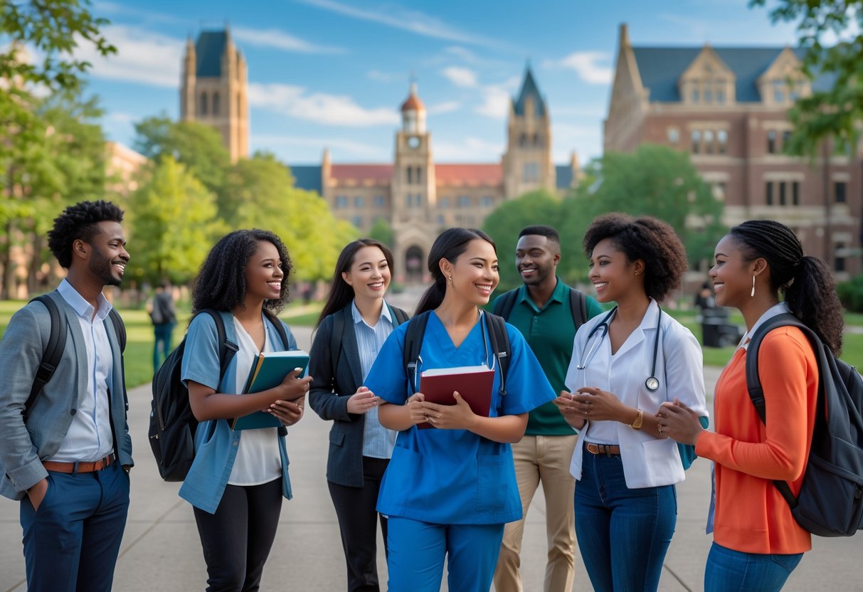 A group of diverse medical students smiling and talking on a university campus with buildings and greenery in the background.