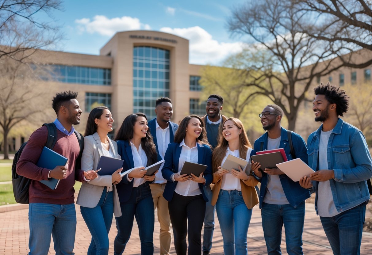 45 Fully Funded Scholarships | Texas A&M University 2026 21 A group of diverse young adult students smiling and interacting on a university campus with a modern building in the background.