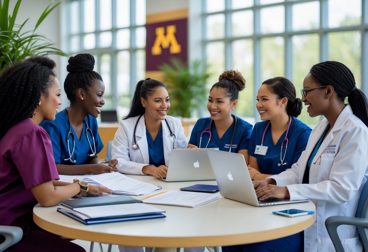 A group of nursing students and faculty members discussing together in a bright university classroom.