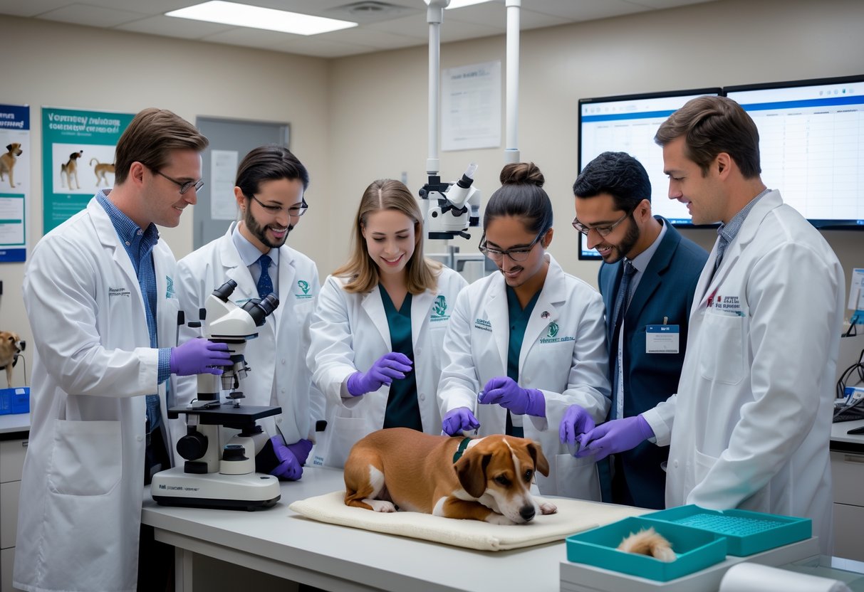 45 Fully Funded Scholarships | Texas A&M University 2026 22 A group of veterinary medicine fellows in lab coats examining a small dog in a modern university veterinary clinic.
