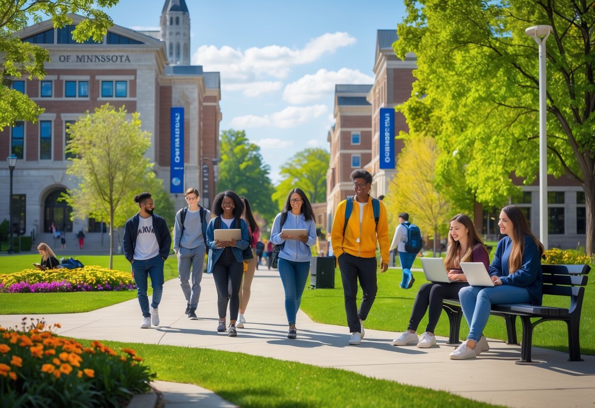 Students walking and studying on a sunny university campus with green lawns and campus buildings in the background.