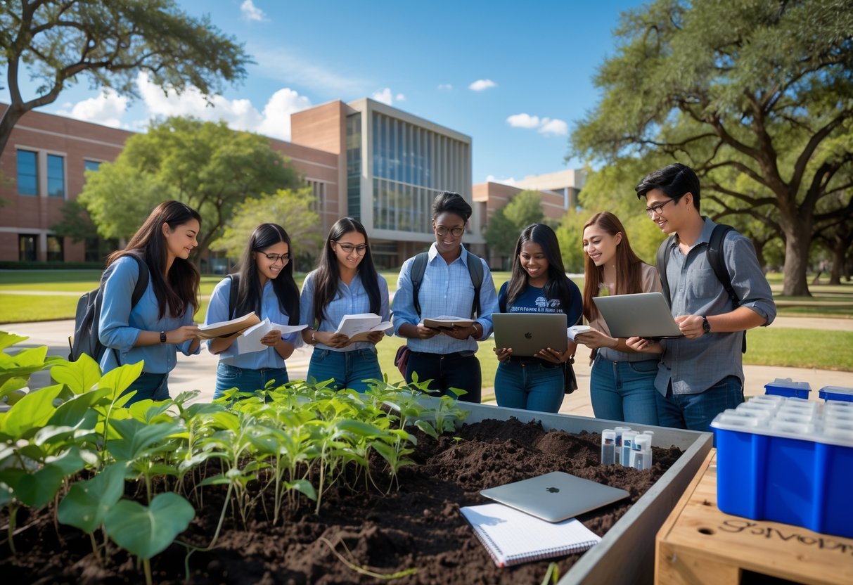 45 Fully Funded Scholarships | Texas A&M University 2026 23 A group of university students studying environmental science outdoors on a sunny campus with modern buildings and greenery in the background.