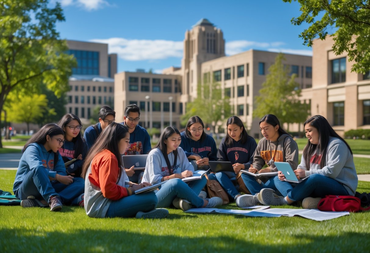 A group of Native American college students studying together outside on the University of Minnesota Twin Cities campus.