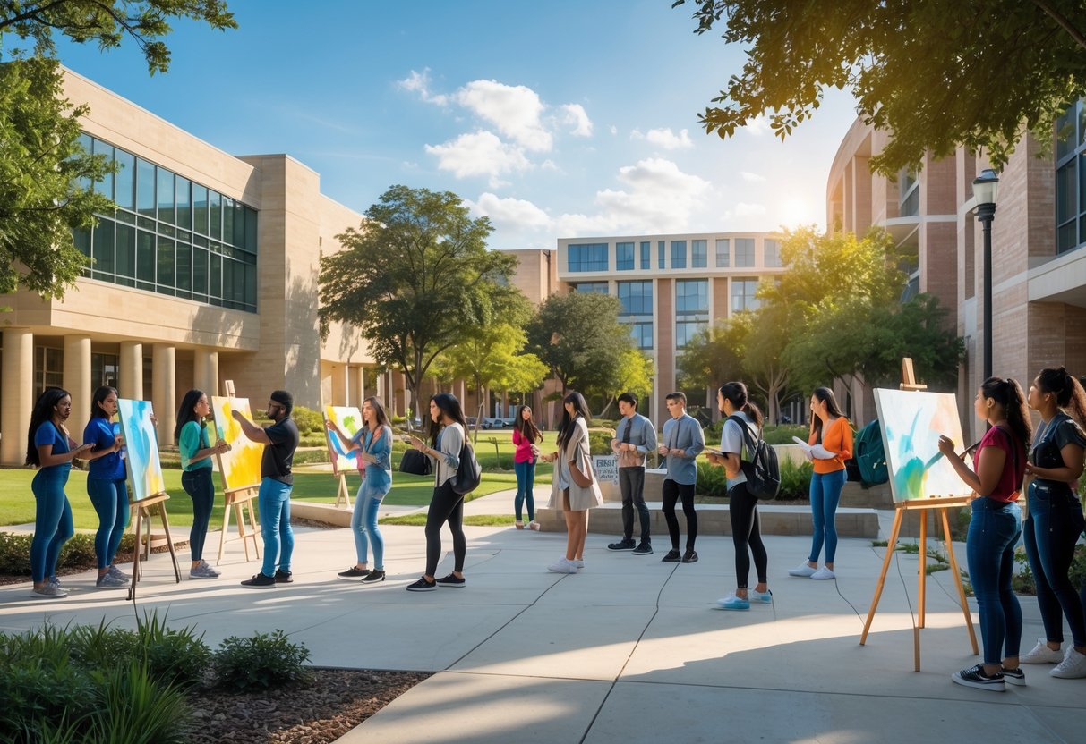 45 Fully Funded Scholarships | Texas A&M University 2026 24 A group of college students working on various creative arts projects outdoors on a university campus during the day.