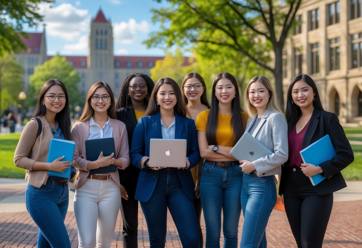A group, holding books, smiling and