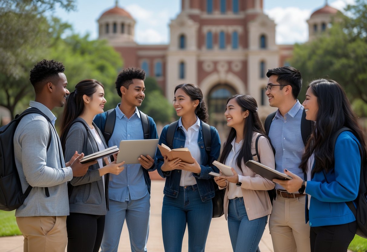 45 Fully Funded Scholarships | Texas A&M University 2026 25 A diverse group of international students talking and studying together outdoors on a university campus with buildings and trees in the background.