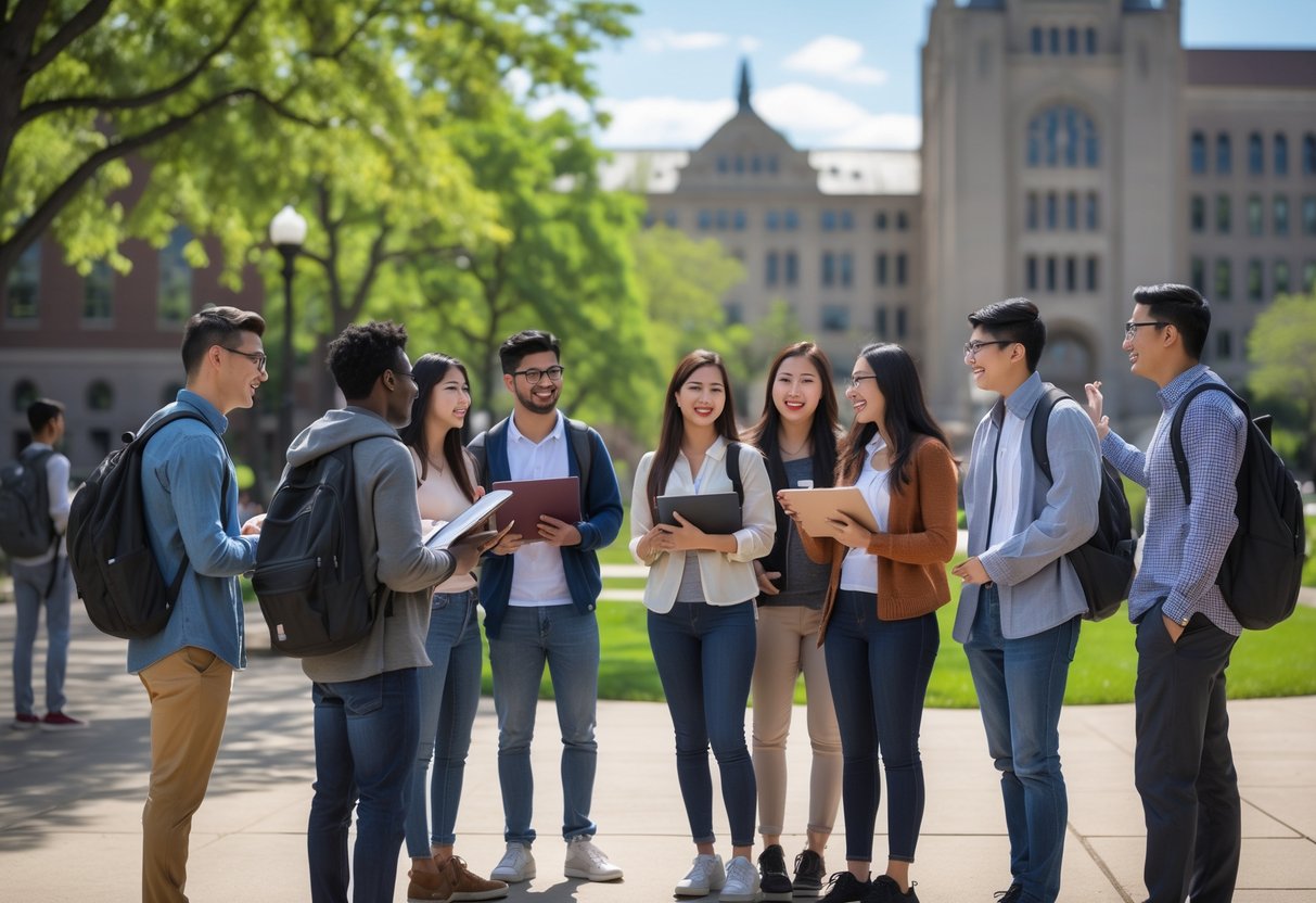 A diverse group of university students studying and talking together outdoors on a sunny day at a university campus.