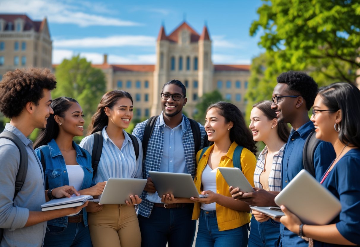 A diverse group of university students discussing together outdoors on a sunny campus with university buildings and trees in the background.