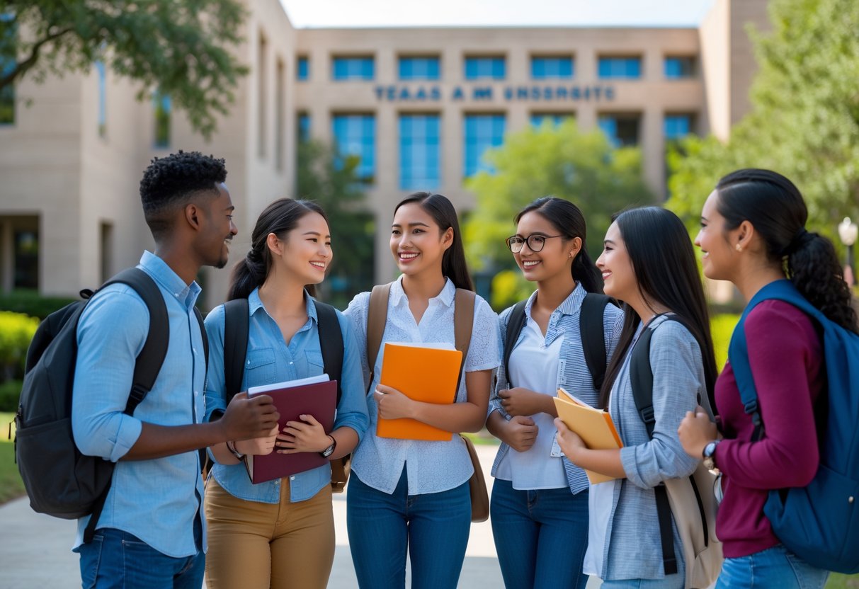 45 Fully Funded Scholarships | Texas A&M University 2026 27 A group of diverse university students talking outside a modern campus building on a sunny day.
